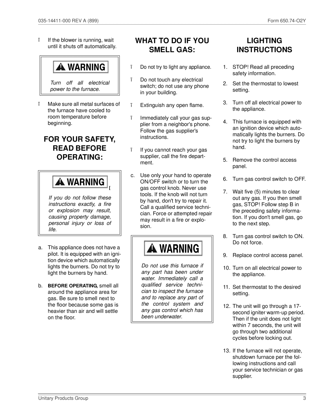 White Rodgers 80 owner manual For Your Safety Read Before Operating, What to do if YOU Smell GAS, Lighting Instructions 