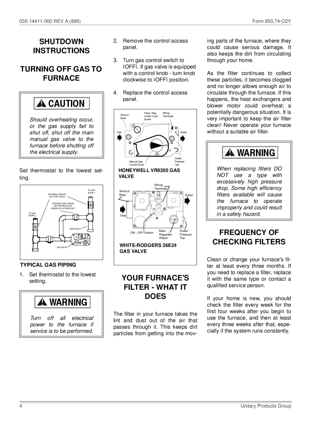 White Rodgers 80 Shutdown Instructions Turning OFF GAS to Furnace, Frequency Checking Filters, Typical GAS Piping 