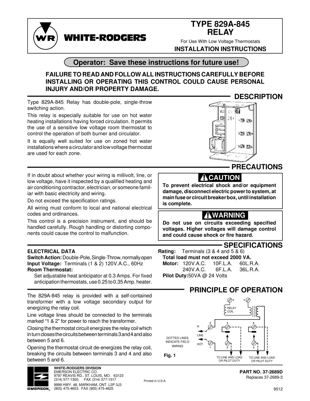 White Rodgers 829A-845 specifications Relay, Description, Precautions, Specifications, Principle of Operation 