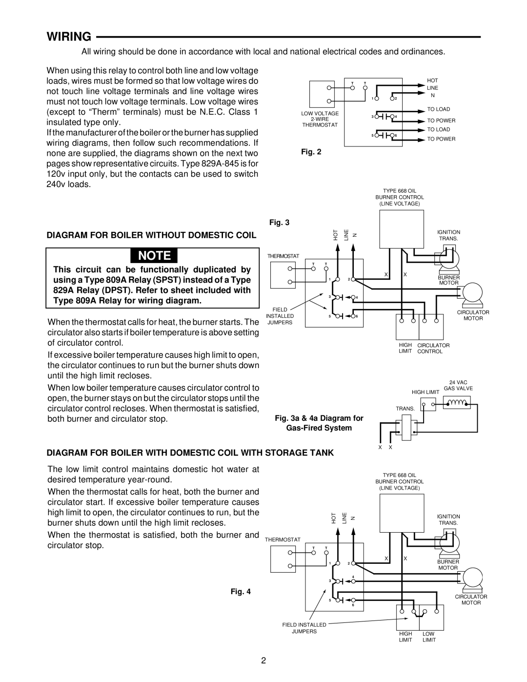 White Rodgers 829A-845 specifications Wiring, Diagram for Boiler Without Domestic Coil 