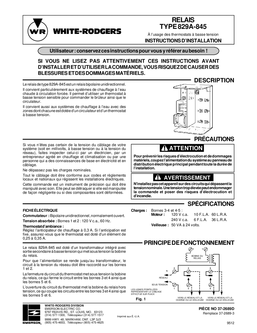 White Rodgers 829A-845 specifications Relais, Précautions, Spécifications, Principe DE Fonctionnement, Fiche Électrique 