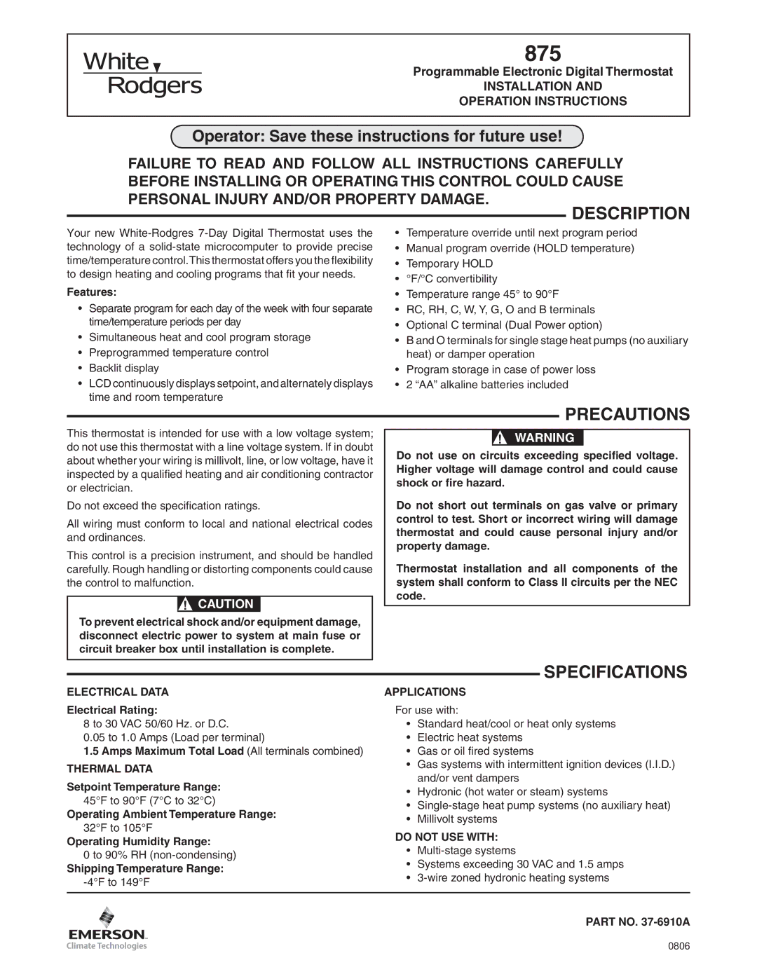 White Rodgers 875 specifications Description, Precautions, Specifications, Programmable Electronic Digital Thermostat 