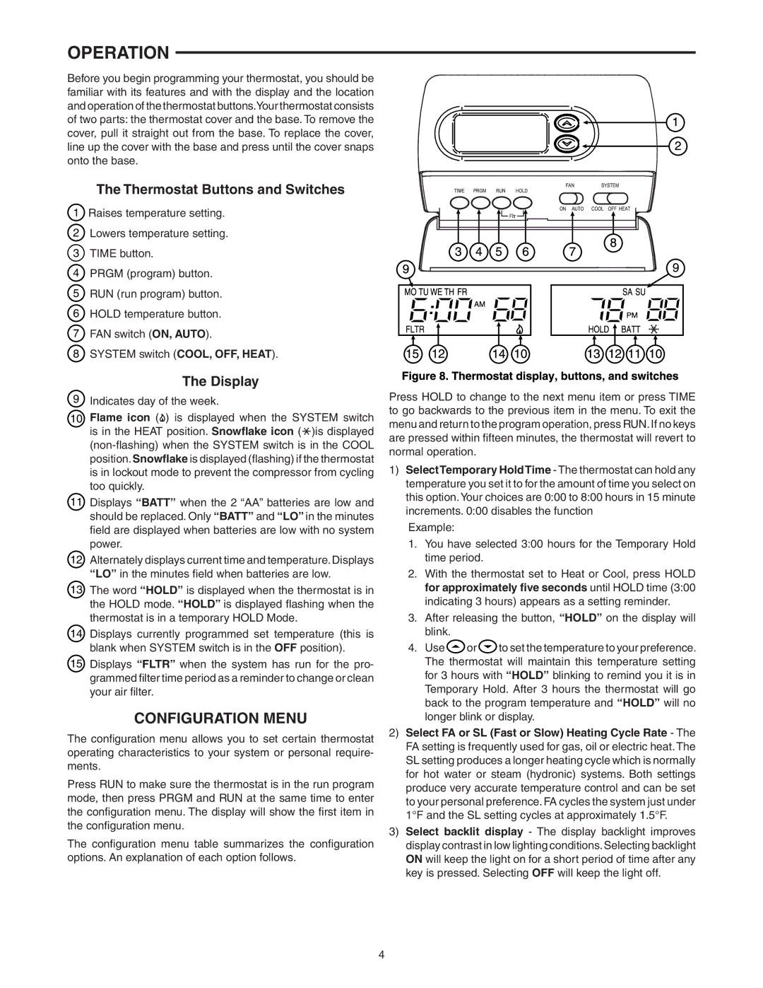 White Rodgers 875 specifications Operation, Configuration Menu, Thermostat Buttons and Switches, Display 