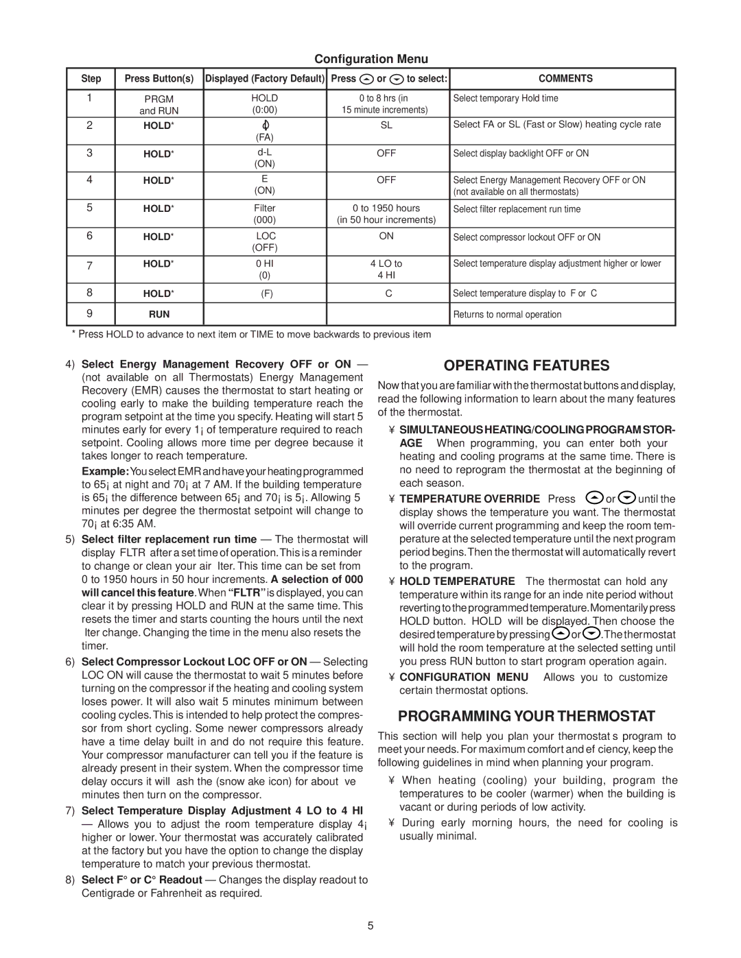 White Rodgers 875 specifications Operating Features, Programming Your Thermostat, Configuration Menu 