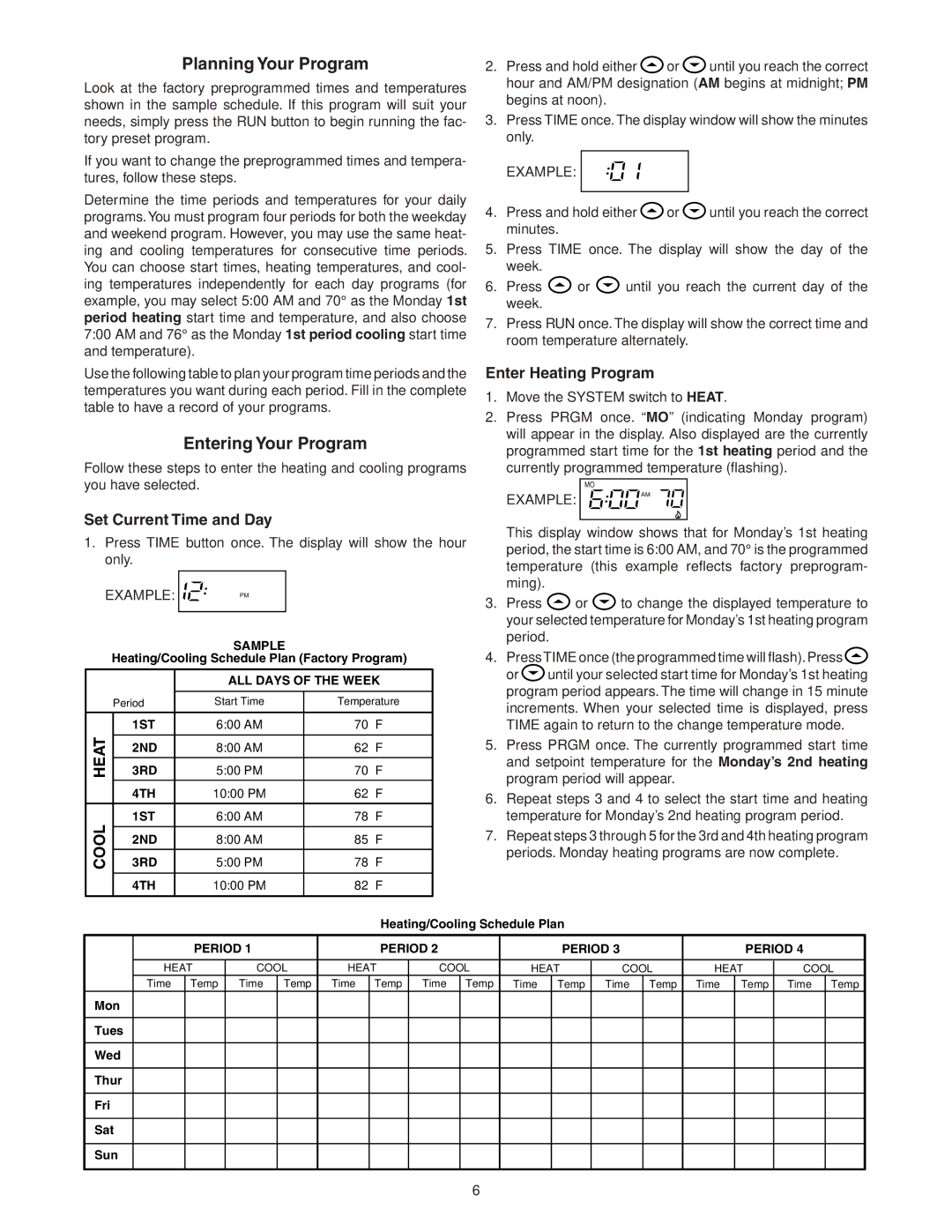 White Rodgers 875 Planning Your Program, Entering Your Program, Set Current Time and Day, Enter Heating Program 