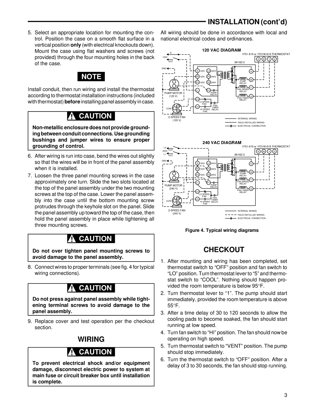 White Rodgers 8A18Z-2 installation instructions Installation cont’d, Wiring, Checkout, Grounding of control 