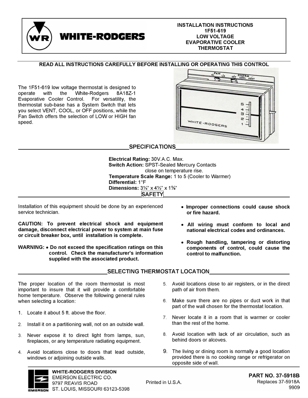 White Rodgers 8A18Z-2 installation instructions Specifications, Safety, Selecting Thermostat Location 