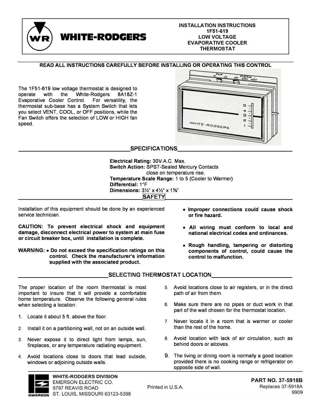 White Rodgers 8A18Z-2 installation instructions INSTALLATION INSTRUCTIONS 1F51-619 LOW VOLTAGE 