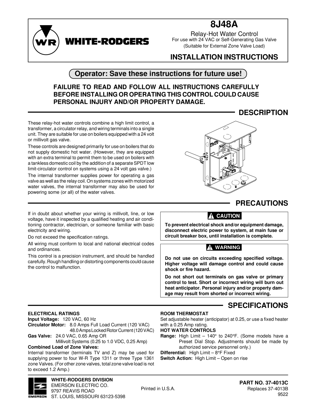 White Rodgers 8J48A specifications Installation Instructions, Operator Save these instructions for future use, Description 