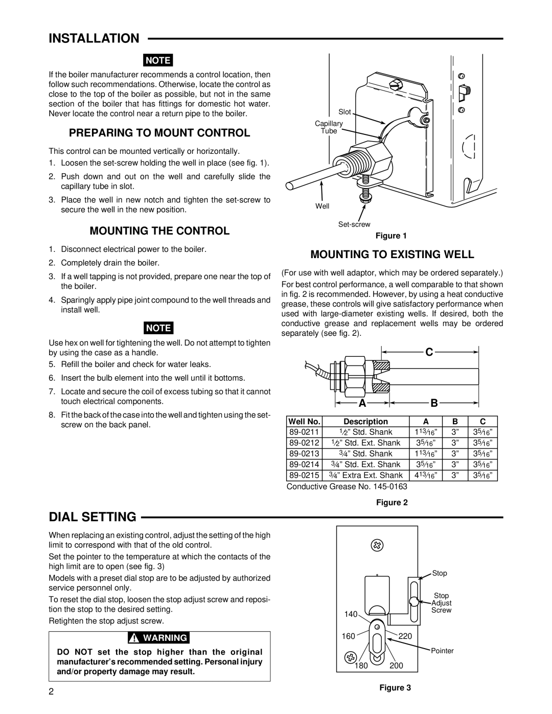 White Rodgers 8J48A specifications Installation, Dial Setting, Well No Description 