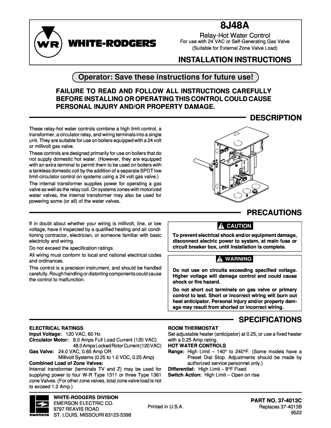 White Rodgers 8J48A specifications Installation Instructions, Operator Save these instructions for future use, Description 