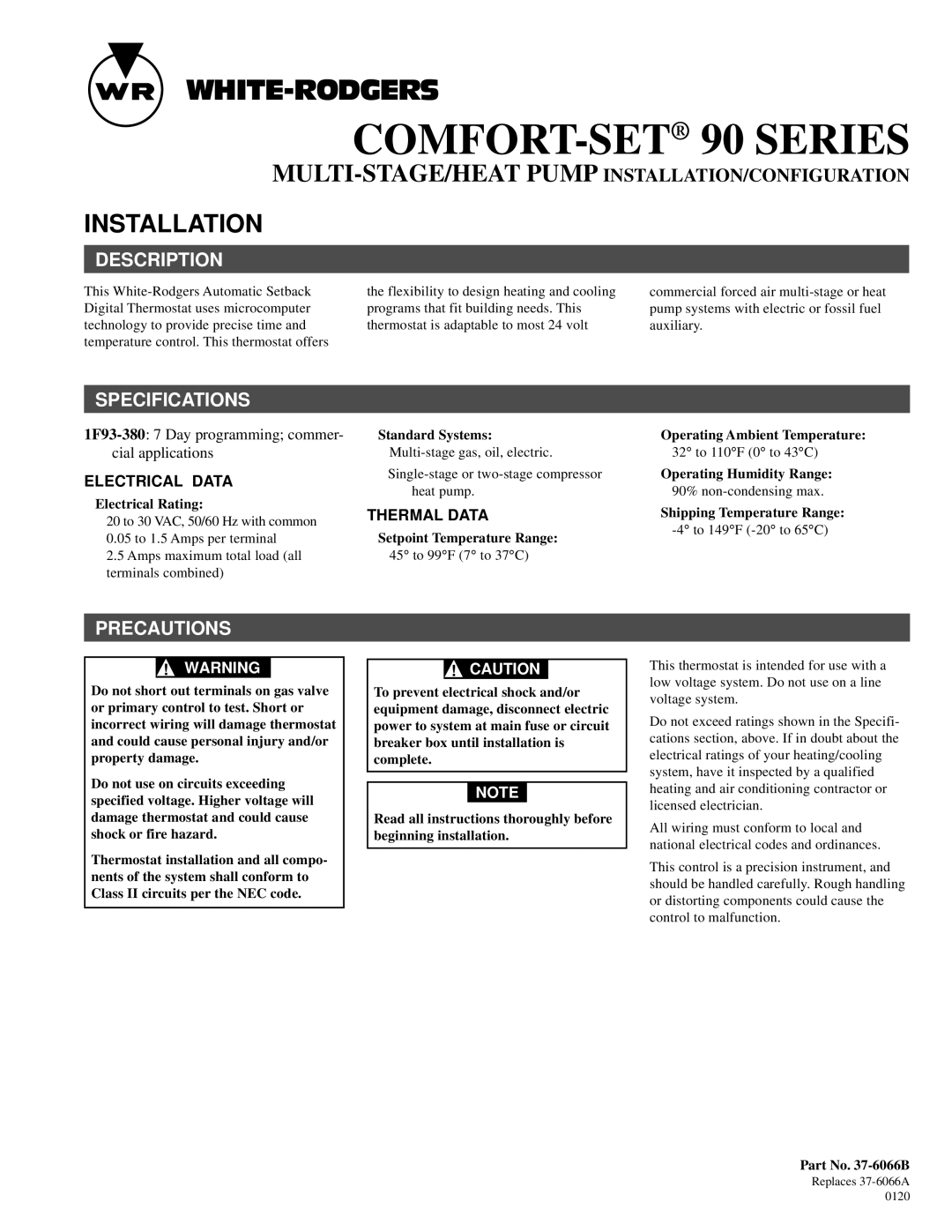 White Rodgers 90 SERIES specifications Installation, Description, Specifications, Precautions 