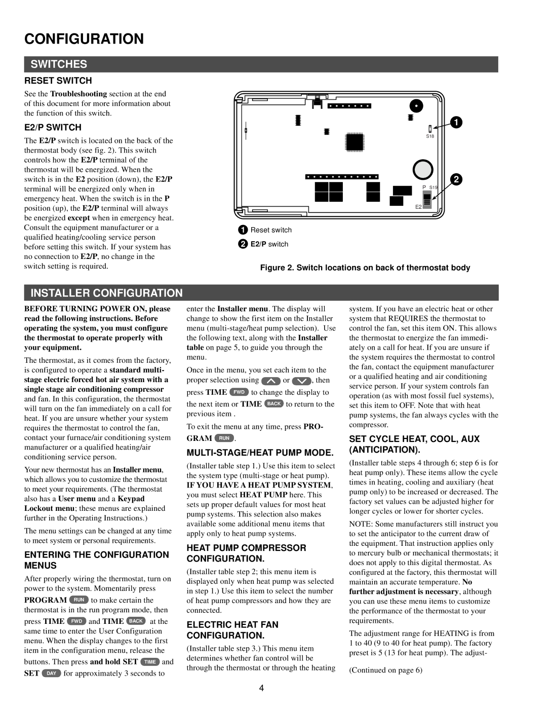 White Rodgers 90 SERIES specifications Switches, Installer Configuration 