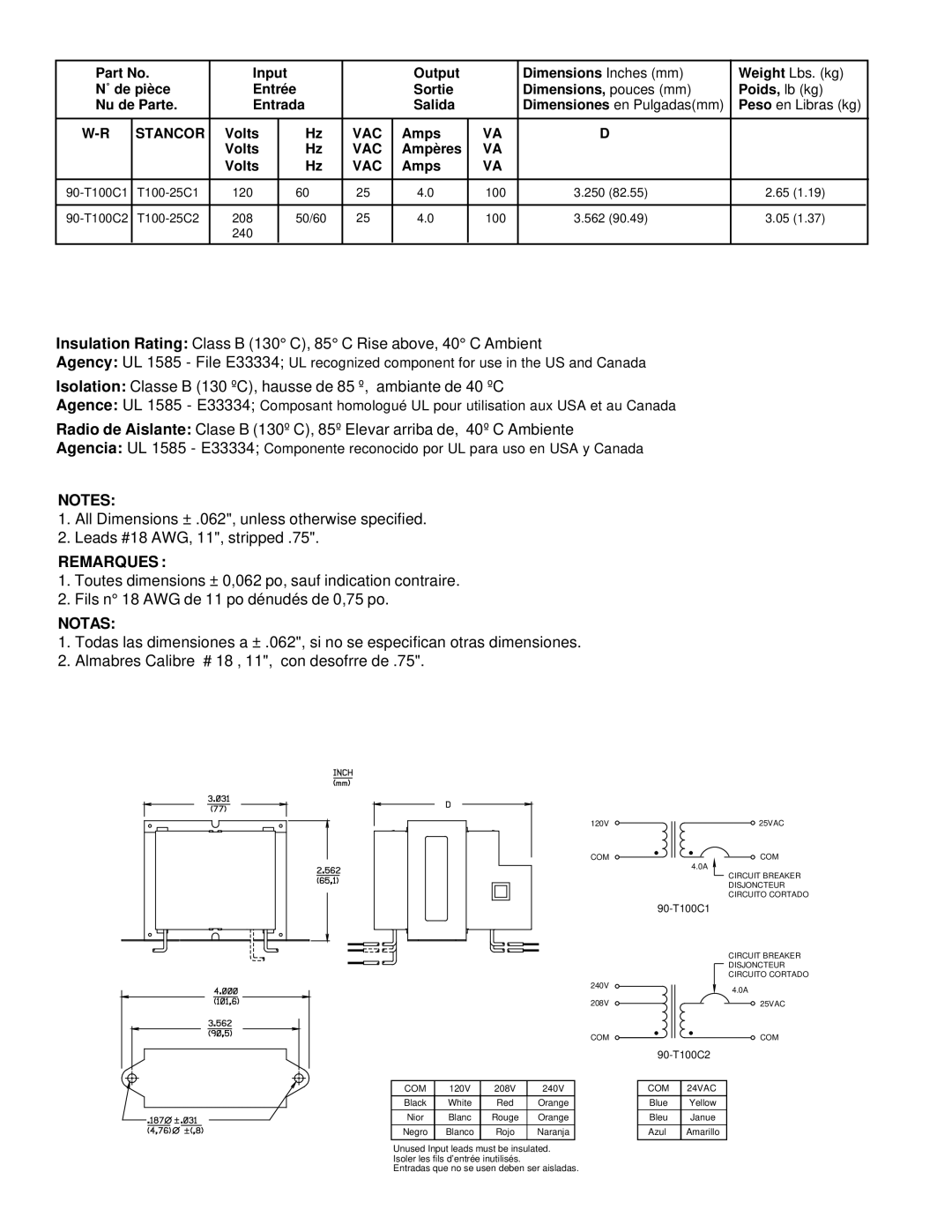 White Rodgers 90-T100C2, 90-T100C1, T100-25C2, T100-25C1 manual Remarques, Notas, Com, COM 24VAC 