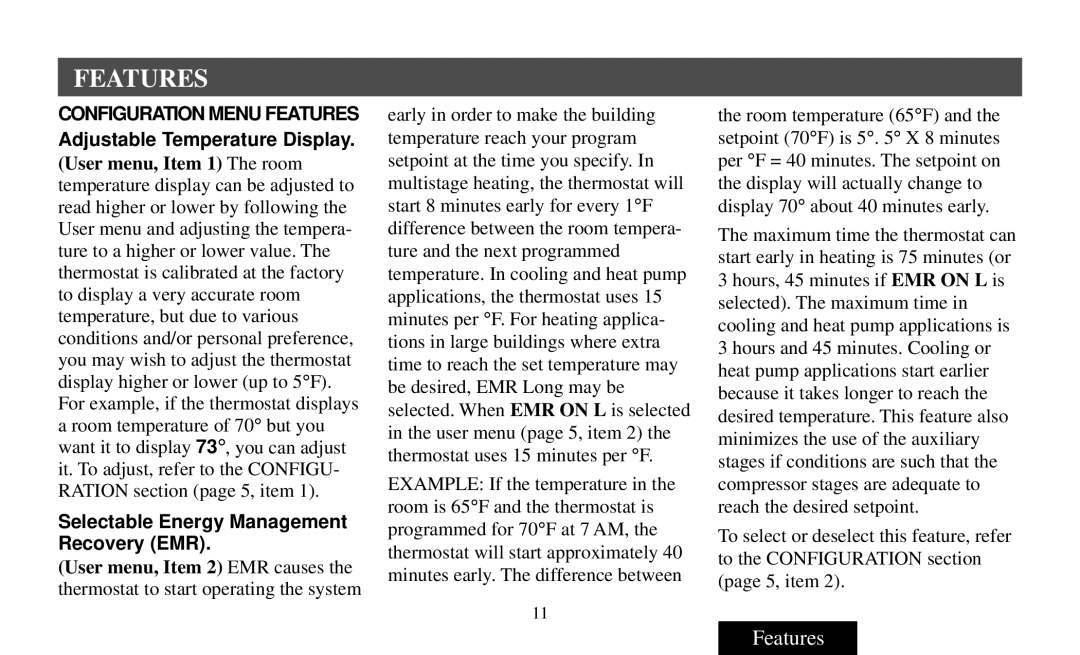 White Rodgers 90 manual Features, Selectable Energy Management Recovery EMR 