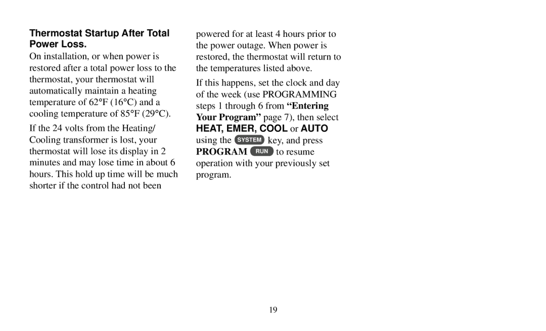 White Rodgers 90 manual Thermostat Startup After Total Power Loss 