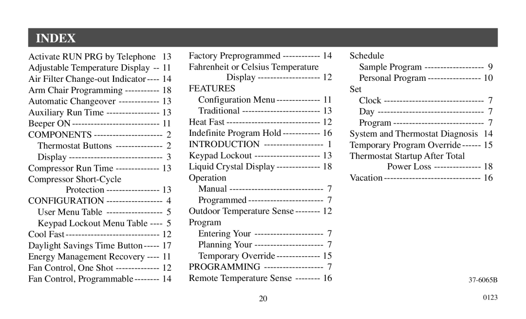 White Rodgers 90 manual Index, Features 