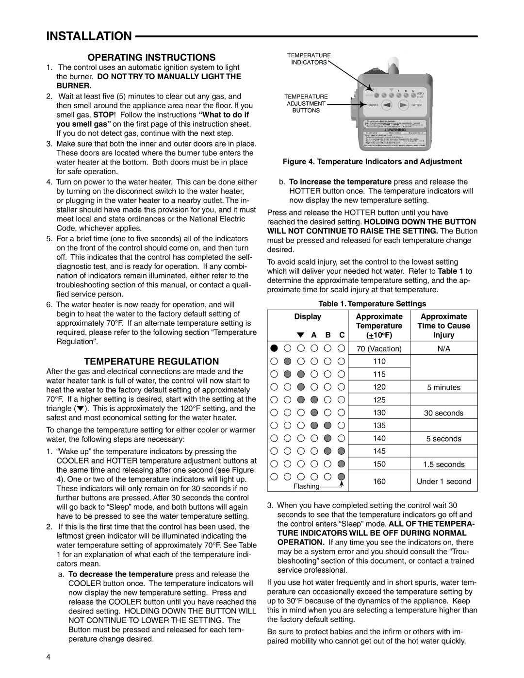 White Rodgers 927 Operating Instructions, Temperature Regulation, Temperature Settings Display Approximate, Time to Cause 