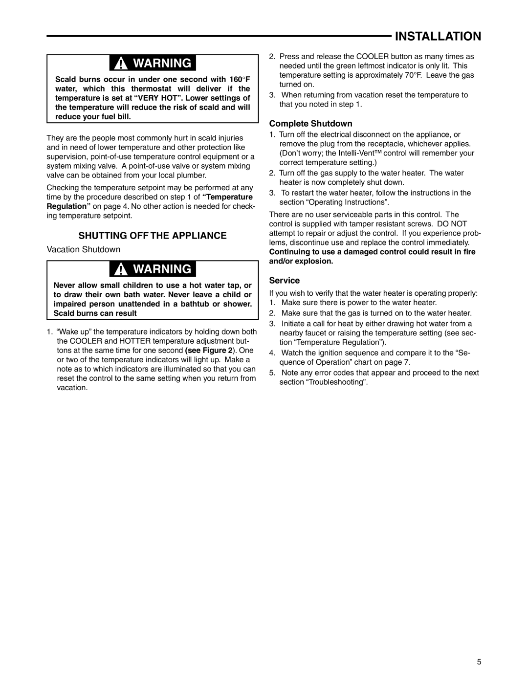 White Rodgers 922, 927, 921, 37E73A-918 installation instructions Shutting OFF the Appliance, Vacation Shutdown 