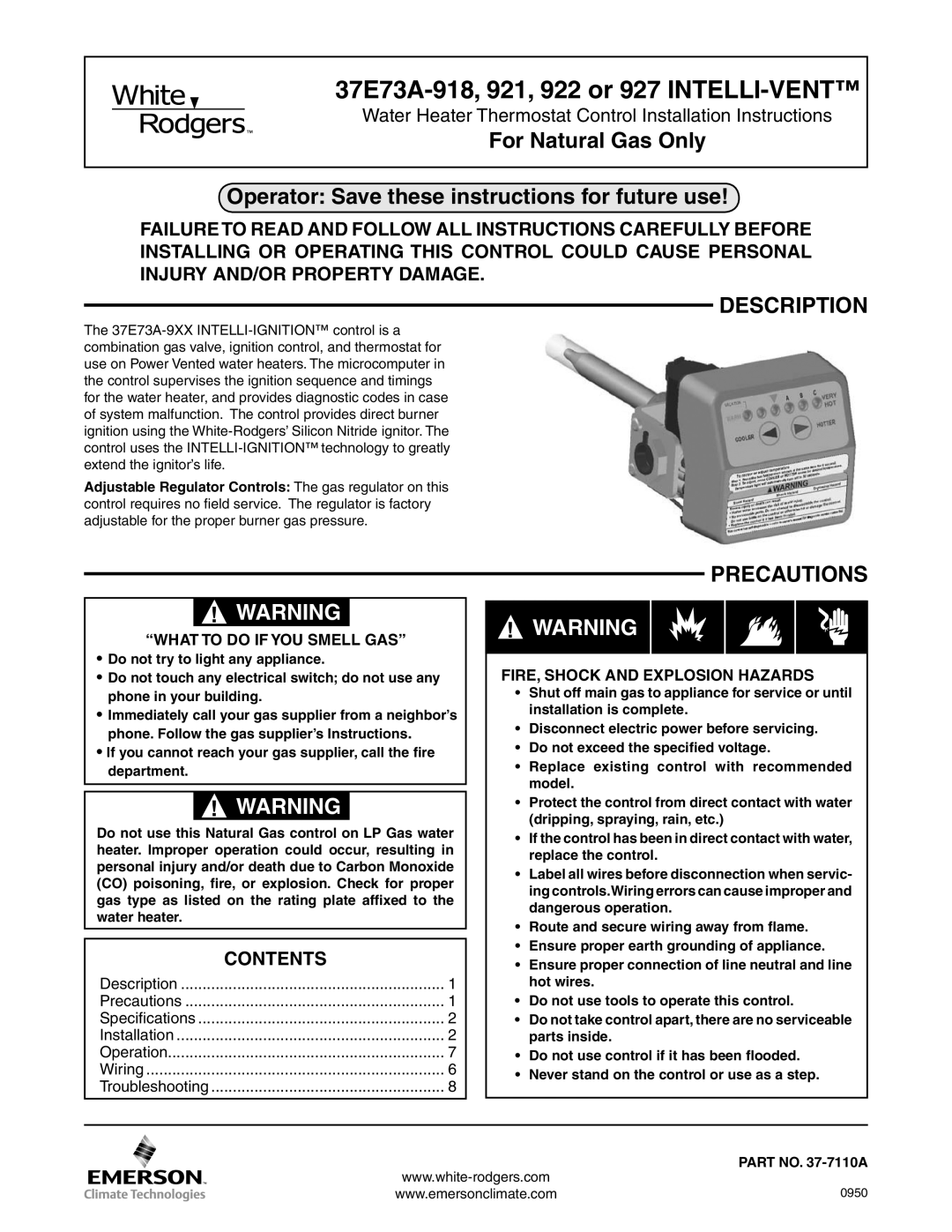 White Rodgers 922, 927, 921 installation instructions For Natural Gas Only, Operator Save these instructions for future use 