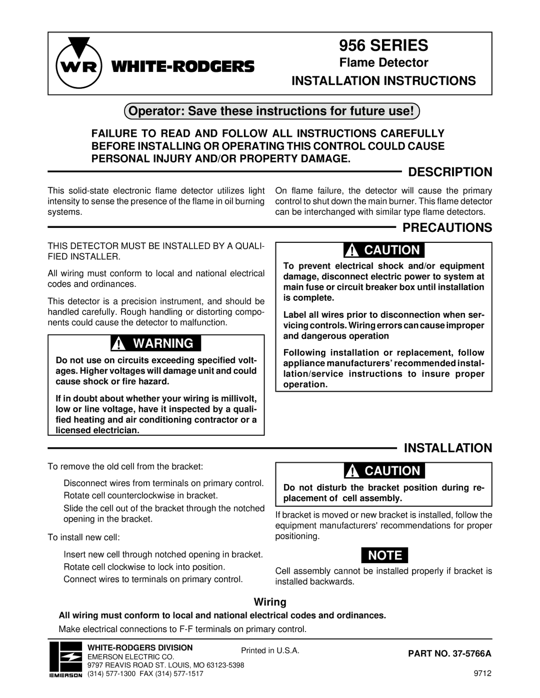 White Rodgers 956 installation instructions Description, Precautions, Installation, Wiring 