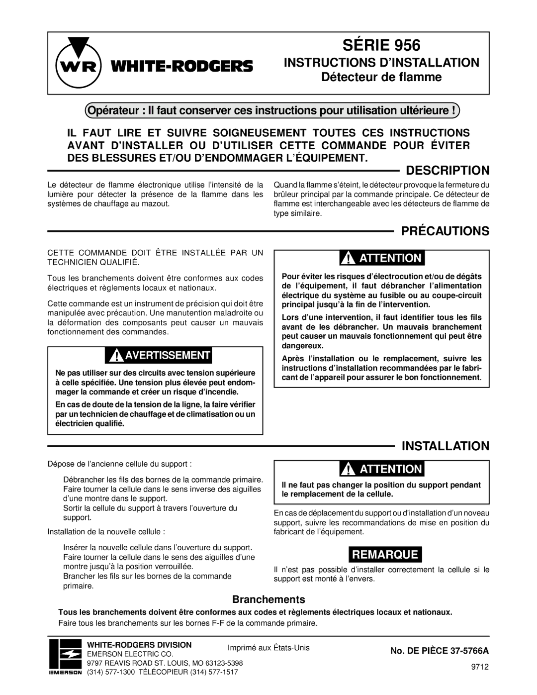 White Rodgers 956 installation instructions Précautions, Remarquenote, Branchements 