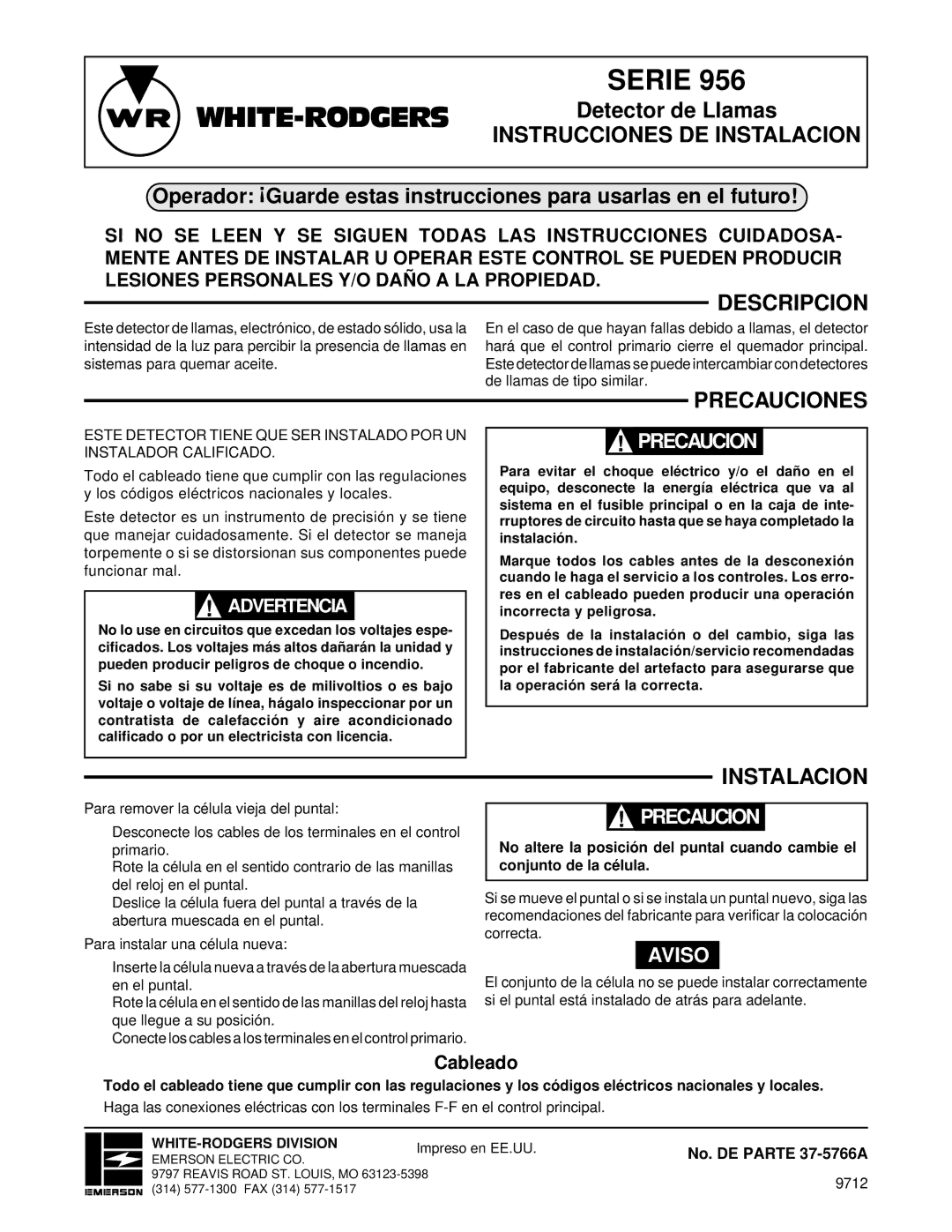 White Rodgers 956 installation instructions Descripcion, Precauciones, Instalacion, Precaucioncaution, Avisonote 