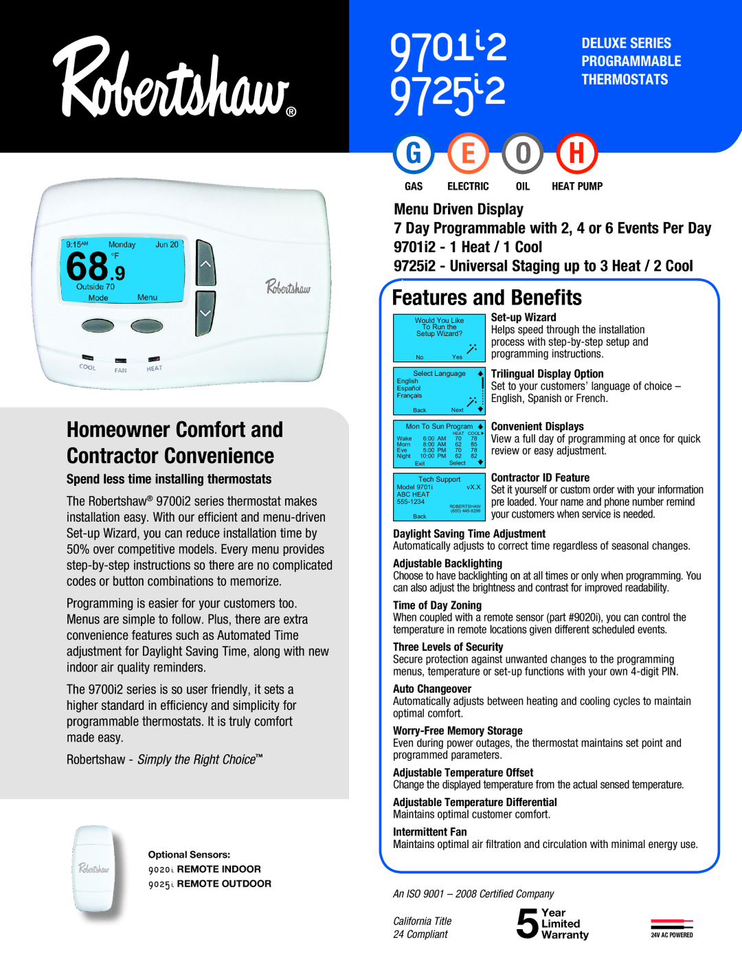 White Rodgers 9701I2, 9725I2 warranty Set-up Wizard, Convenient Displays, Review or easy adjustment, Contractor ID Feature 