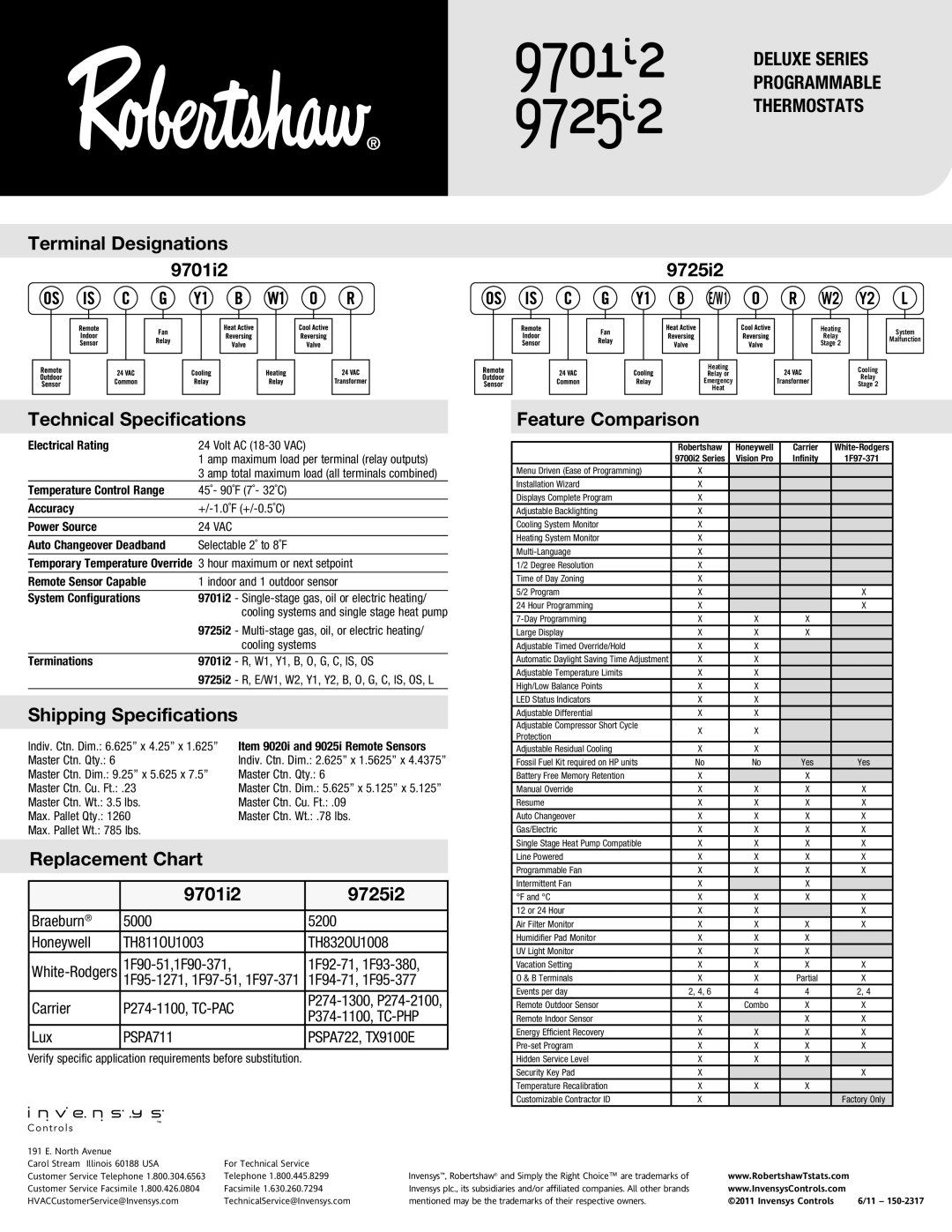 White Rodgers 9725I2, 9701I2 warranty Terminal Designations 9701i2 9725i2, Technical Specifications, Shipping Specifications 
