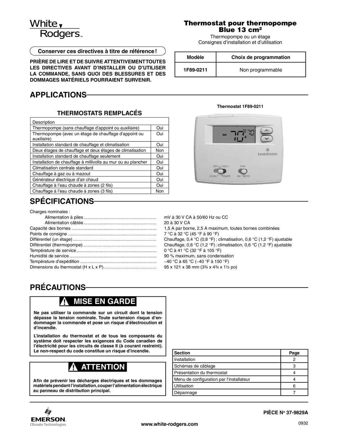 White Rodgers 1F89-0211, Blue 13cm dimensions Applications, Spécifications, Précautions, Thermostats Remplacés 