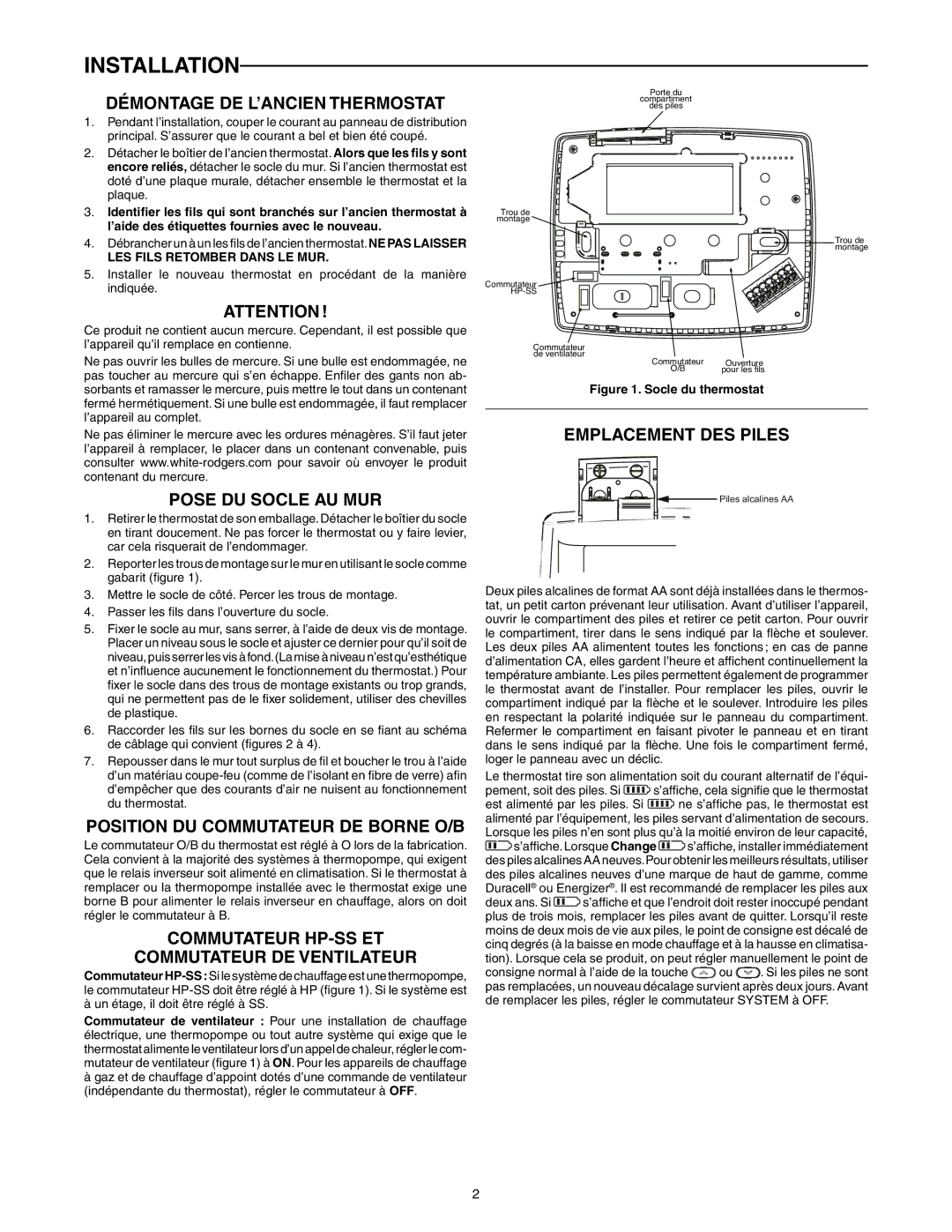 White Rodgers Blue 13cm, 1F89-0211 Installation, Démontage DE L’ANCIEN Thermostat, Position DU Commutateur DE Borne O/B 