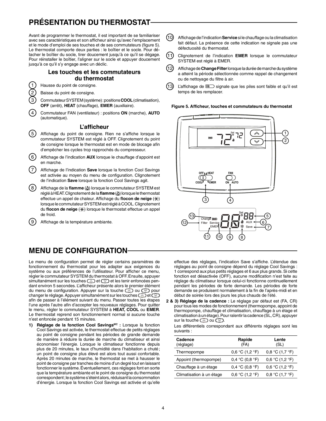 White Rodgers Blue 13cm Présentation DU Thermostat, Menu DE Configuration, Les touches et les commutateurs Du thermostat 