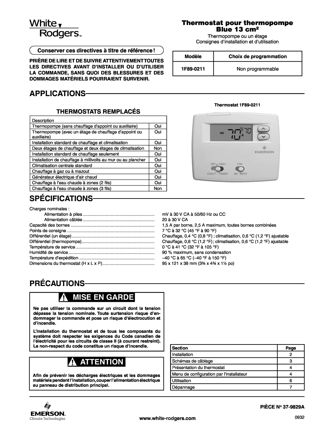 White Rodgers 1F89-0211 specifications Applications, Specifications, Precautions, Blue 2” Heat Pump Thermostat 