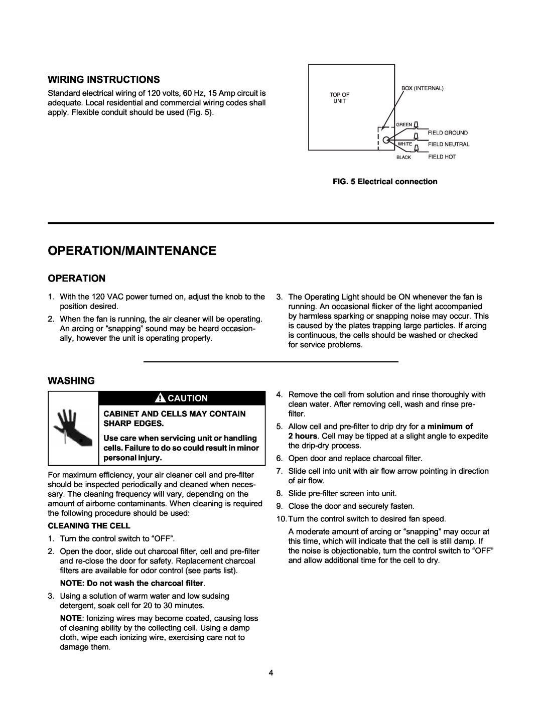 White Rodgers CSC1000 owner manual Operation/Maintenance, Wiring Instructions, Washing 