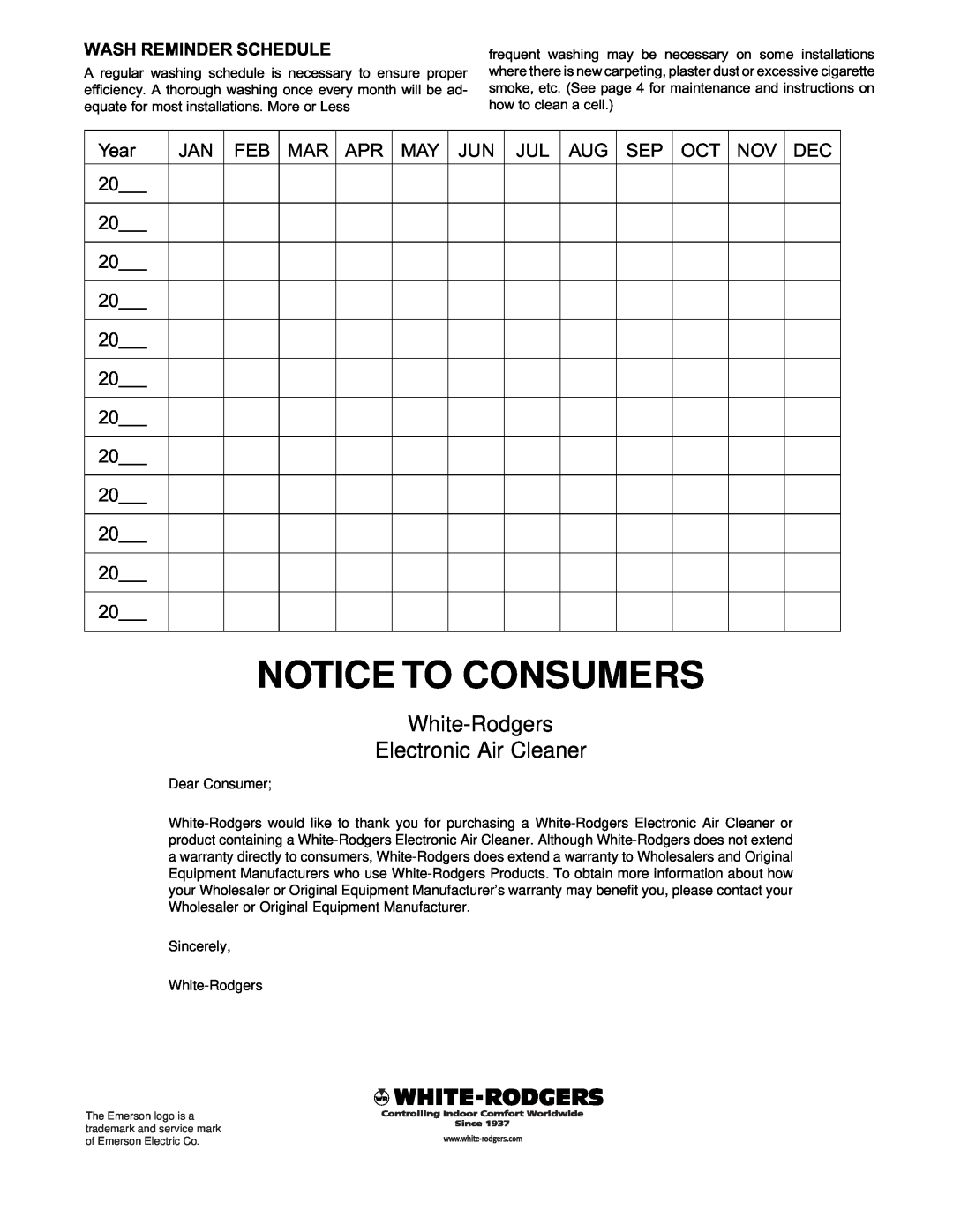 White Rodgers CSC1000 owner manual Notice To Consumers, White-Rodgers Electronic Air Cleaner 