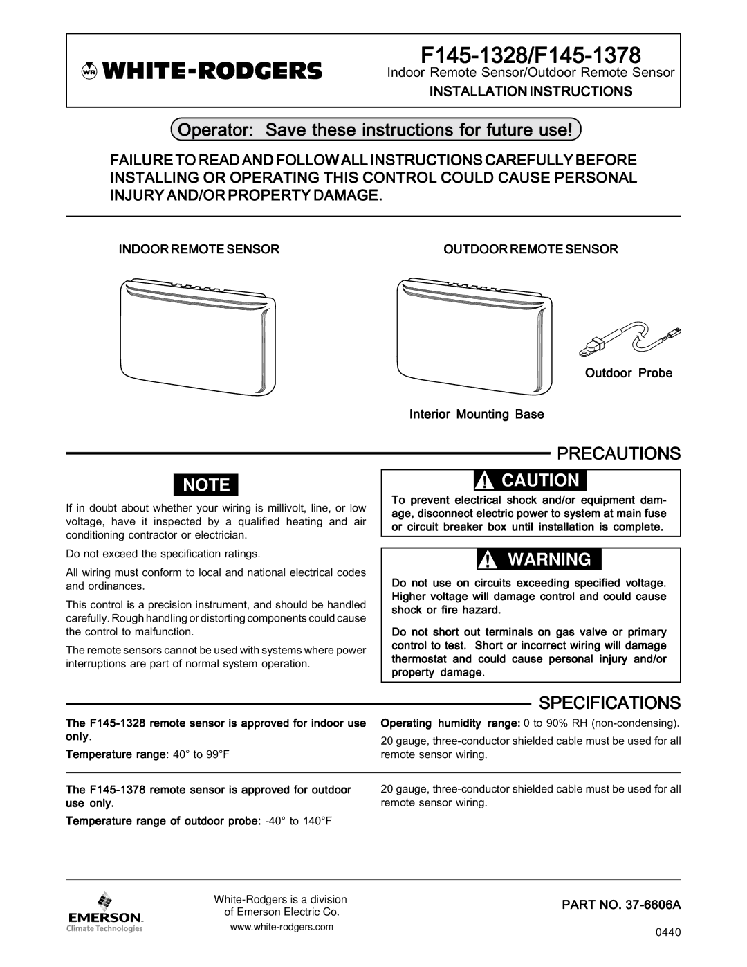 White Rodgers F145-1328, F145-1378 specifications Precautions, Specifications 