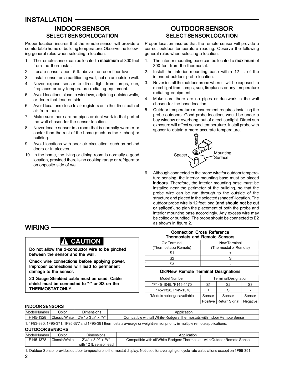 White Rodgers F145-1378 Installation Indoor Sensoroutdoorsensor, Wiring, Thermostat only, Indoor Sensors, Outdoor Sensors 