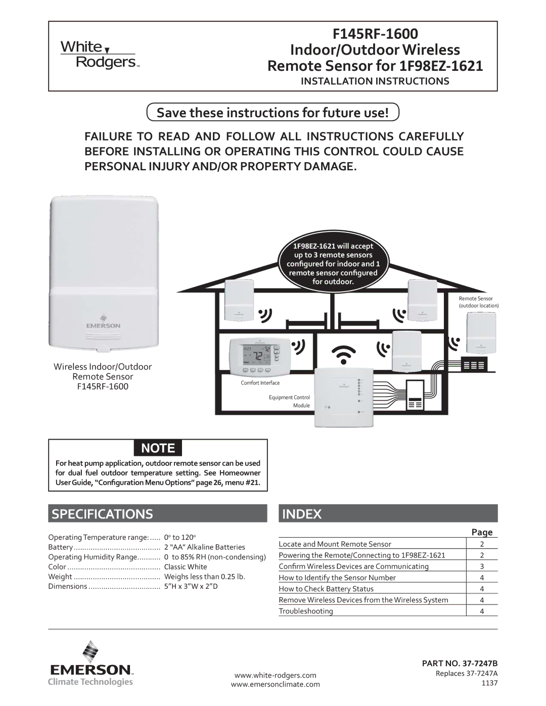 White Rodgers F145RF-1600 installation instructions Specifications, Index 