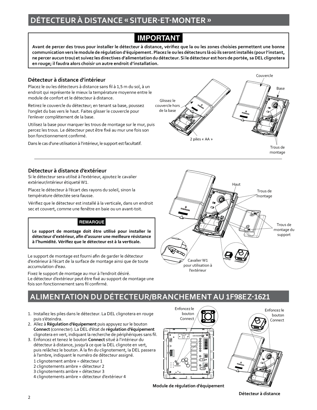 White Rodgers F145RF-1600 Alimentation DU DÉTECTEUR/BRANCHEMENT AU 1F98, Détecteur à distance d’intérieur 