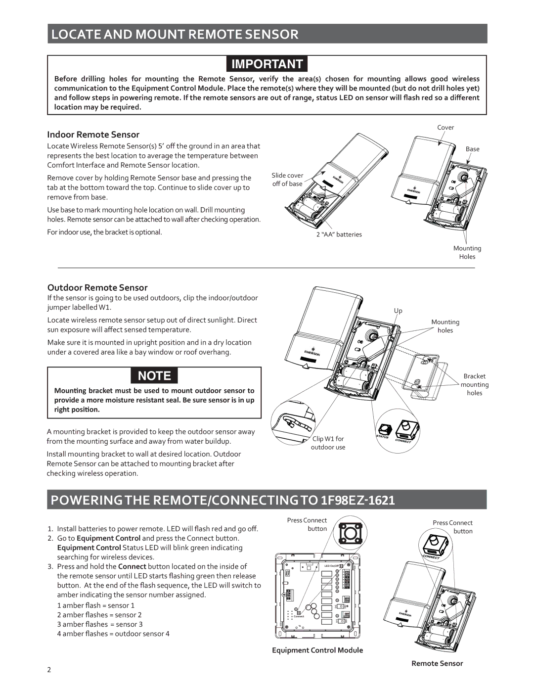 White Rodgers F145RF-1600 installation instructions Locate and Mount Remote Sensor, Powering the REMOTE/CONNECTING to 1F98 