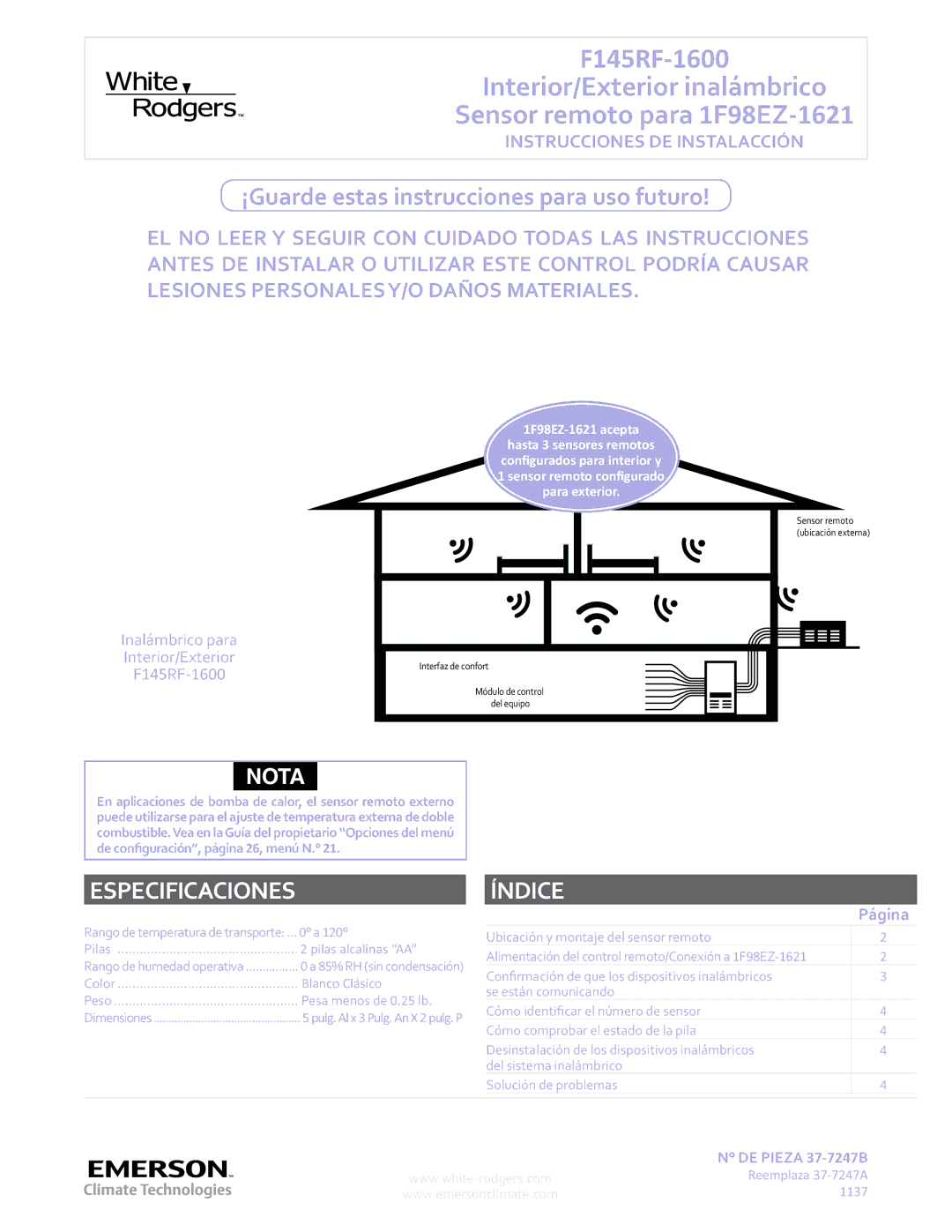 White Rodgers F145RF-1600 installation instructions Especificaciones, Índice 
