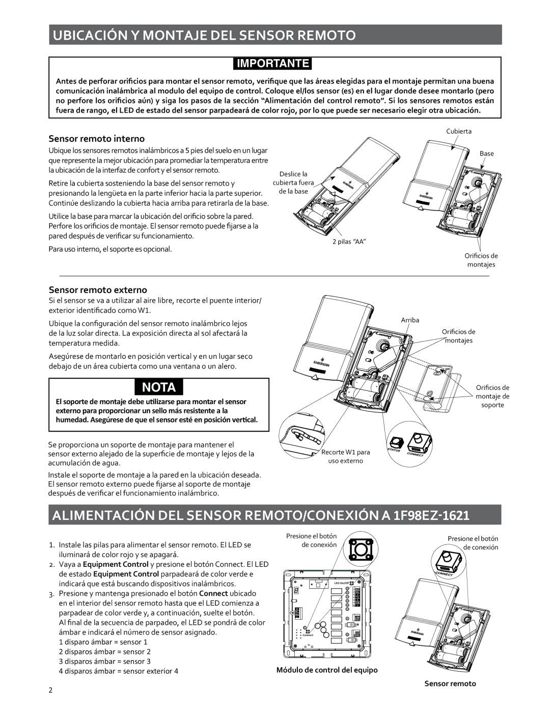 White Rodgers F145RF-1600 Ubicación Y Montaje DEL Sensor Remoto, Alimentación DEL Sensor REMOTO/CONEXIÓN a 1F98 