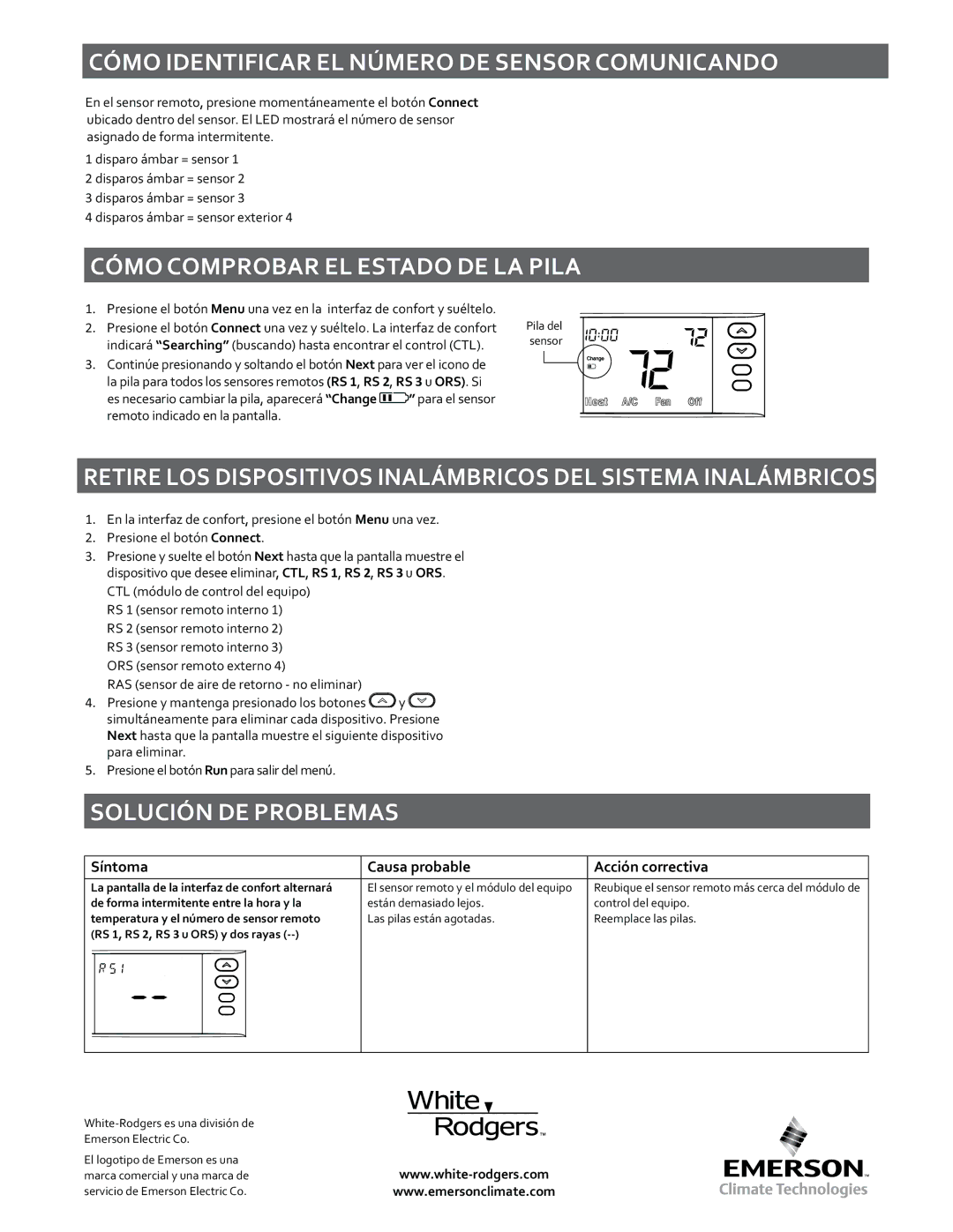 White Rodgers F145RF-1600 Cómo Identificar EL Número DE Sensor Comunicando, Cómo Comprobar EL Estado DE LA Pila 