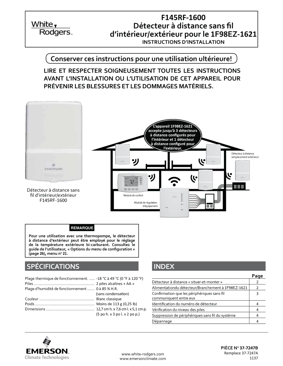 White Rodgers installation instructions F145RF-1600 1F98EZ-1621, Spécifications 