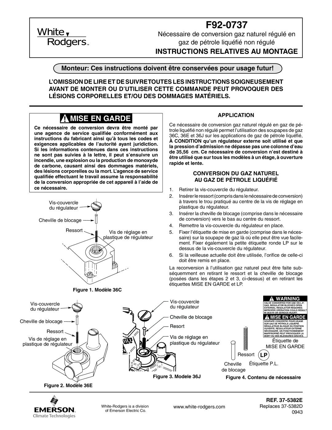 White Rodgers F92-0737 installation instructions Conversion DU GAZ Naturel AU GAZ DE Pétrole Liquéfié 