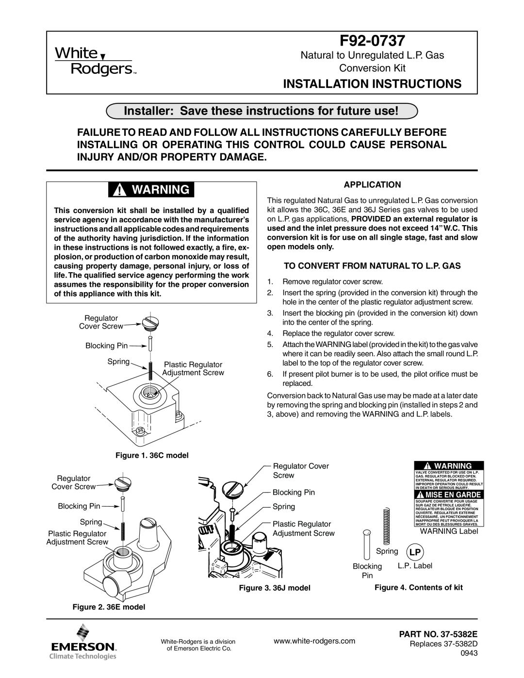White Rodgers F92-0737 installation instructions Natural to Unregulated L.P. Gas Conversion Kit, Application, 36C model 