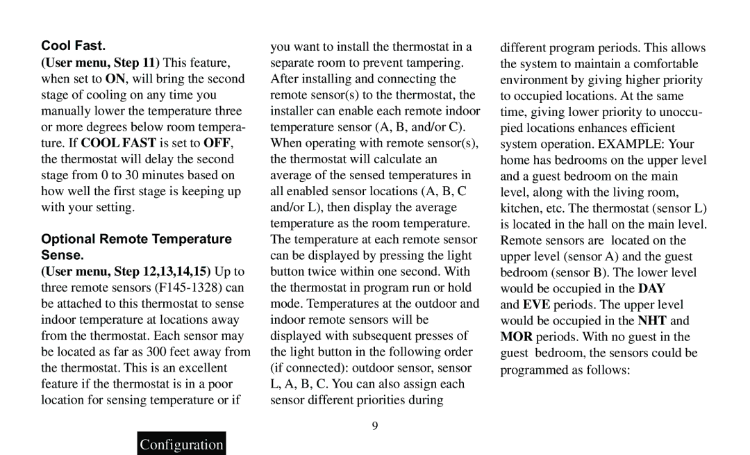 White Rodgers F95-391 operating instructions Cool Fast, Optional Remote Temperature, Sense, Eve 