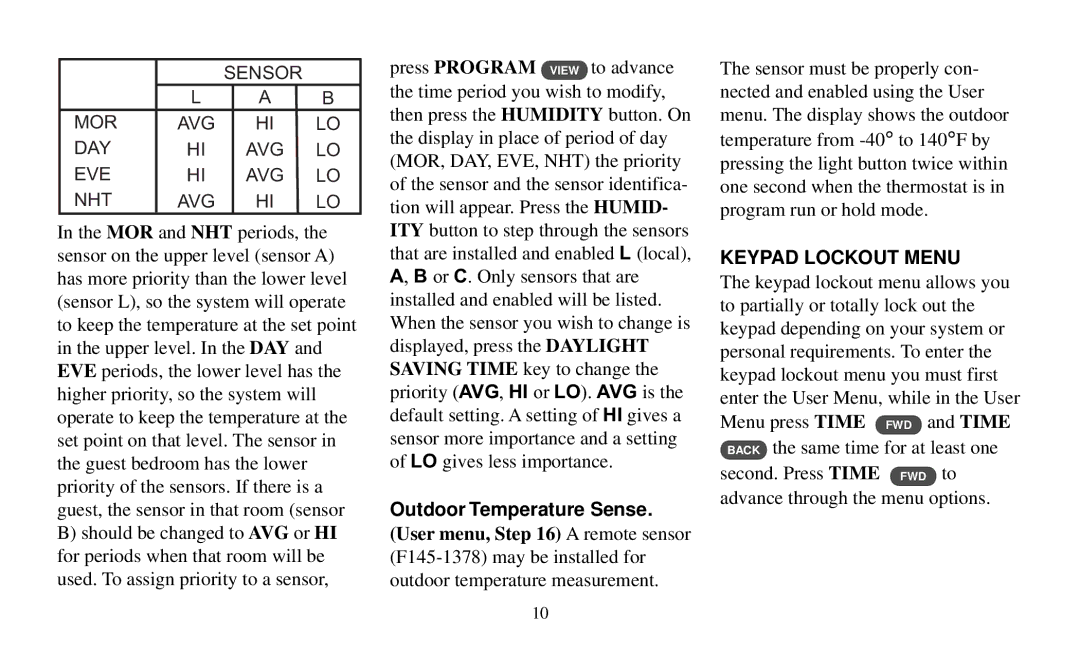 White Rodgers F95-391 operating instructions Outdoor Temperature Sense, Keypad Lockout Menu 