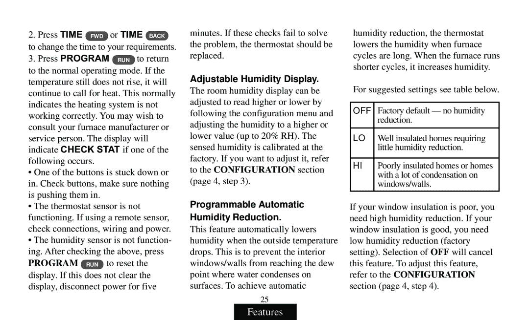 White Rodgers F95-391 Press Time FWD or Time Back, Adjustable Humidity Display, To the CONFIGURATIONsection page 4, step 