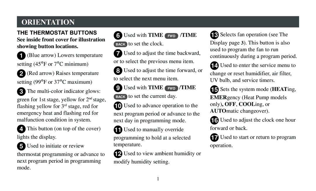 White Rodgers F95-391 operating instructions Orientation, Thermostat Buttons, Time, Heat 